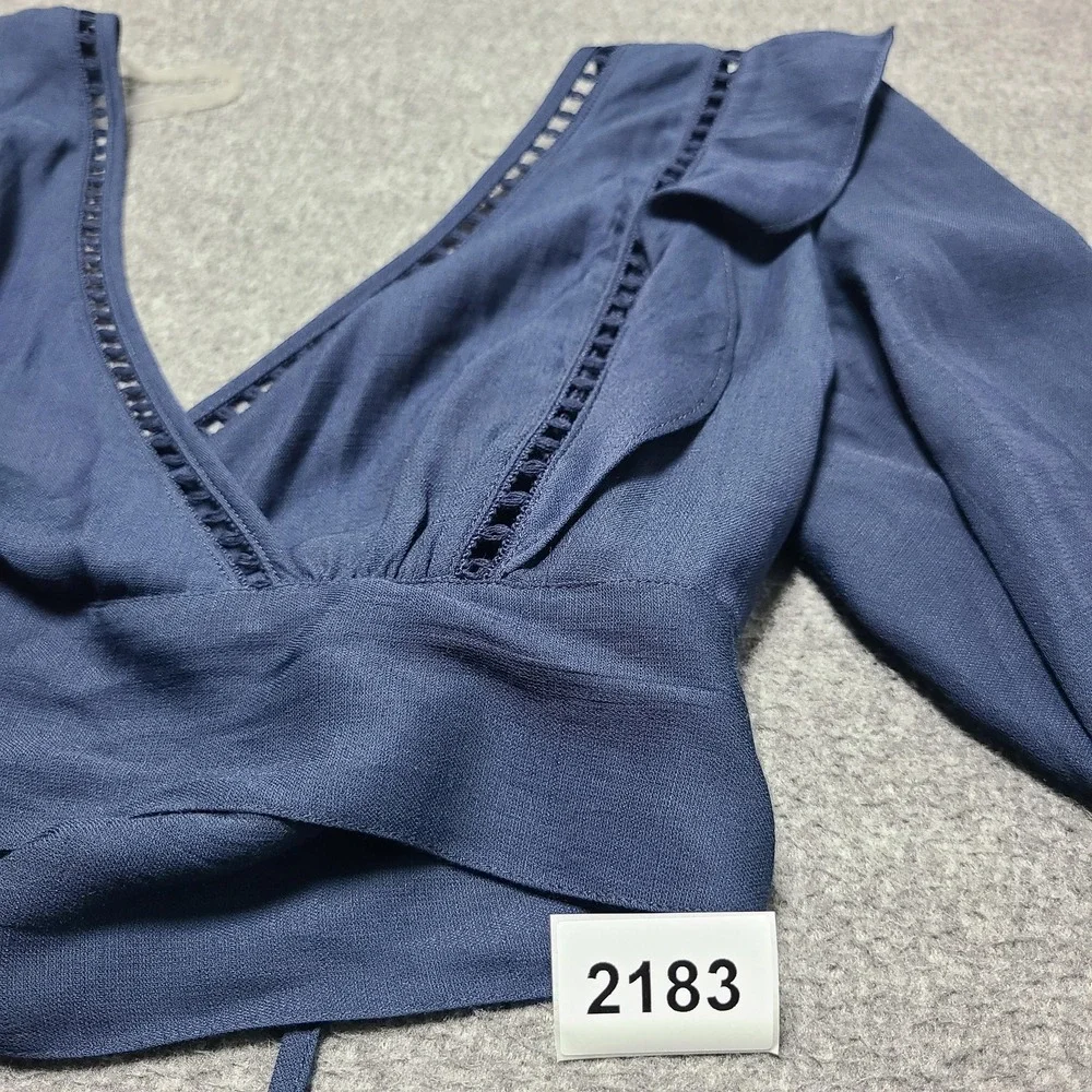 Paper Crane Wrap Top Womens Small Navy Blue Long Sleeve Ruffle Boho Blouse Tie